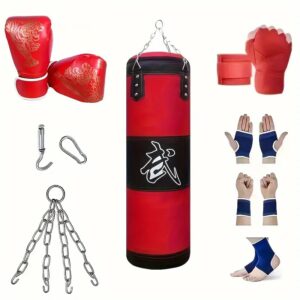 Bokse kit, apran voye kout pwen Sache Punching Set pou Sport granmoun, ak gan bokse 12OZ, vlope men, chenn pandye pou MMA Karate Kickboxing espo Art masyal Fòmasyon Gym pou lakay