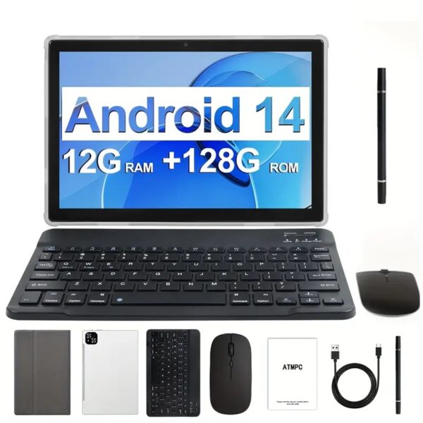 Tablèt 10.1 128GB ROM 12GB (4GB + 8GB) Android 14 OS + klavye + souri + Plim + kas, Ideal Pou Pwofesyonel doub kamera, ekran ekspozisyon wo definisyon