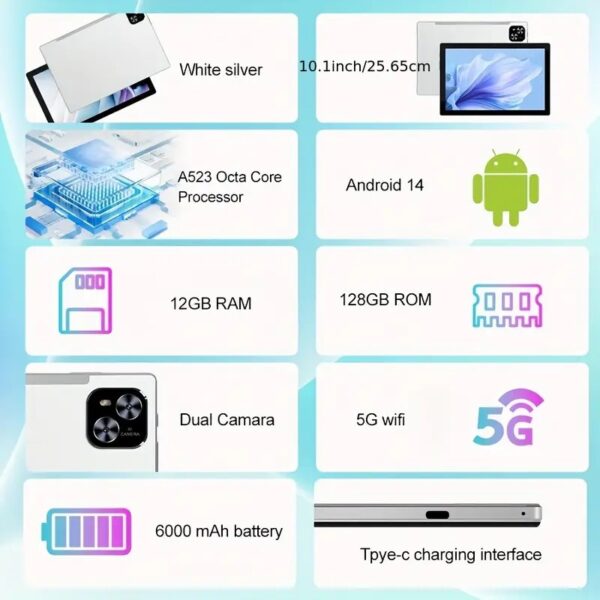 Tablèt 10.1 128GB ROM 12GB (4GB + 8GB) Android 14 OS + klavye + souri + Plim + kas, Ideal Pou Pwofesyonel doub kamera, ekran ekspozisyon wo definisyon - Image 3