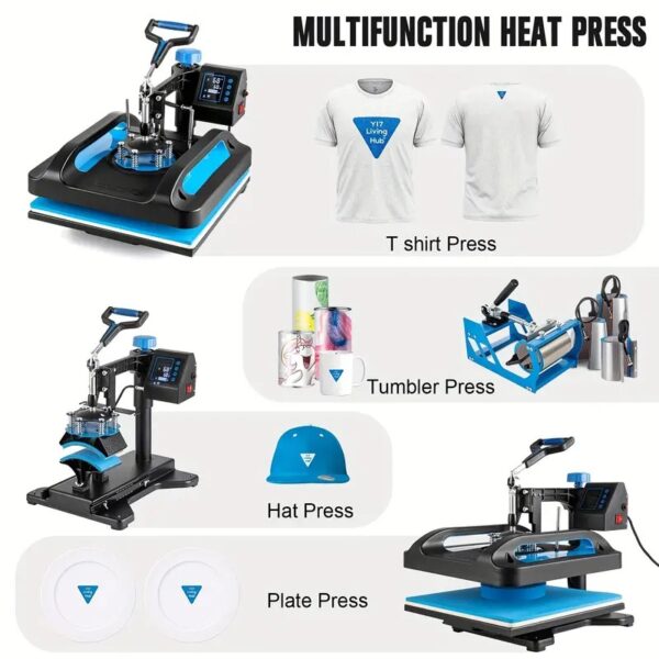 Press Machine, 5 Nan 1 Chalè Press, 12x15 Pous Biznis T Shirt Pressing Mayo, 360-Degre Swing Away Chalè Transfè Machine Multifonksyon Combo Pou Tas, Mayo, Kasket - Image 7