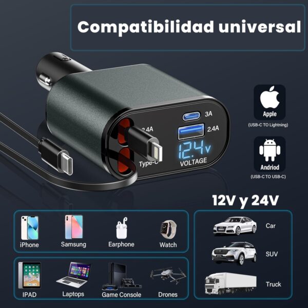 Turbo Chage 120W pou machin, 4 pò pou chage phone  vit ak 80cm kab Retractable konpatib ak telephone iPhone,  telefon Android - Image 2