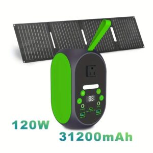 generatris soley Portab Power Station 120W, pik 200W delko sole ak 30W pliable panèl solè, 110V 31200mAh LiFePO4 UPS batri, AC/DC/USB/Type-C Ports, dirije limyè pou deyò kan, kay ijans sovgad, vwayaj, laptops elatriye. Kit sole