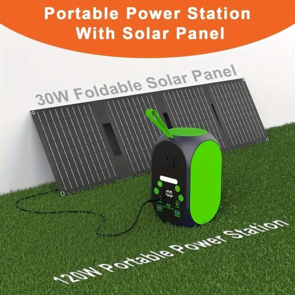 generatris soley Portab Power Station 120W, pik 200W delko sole ak 30W pliable panèl solè, 110V 31200mAh LiFePO4 UPS batri, AC/DC/USB/Type-C Ports, dirije limyè pou deyò kan, kay ijans sovgad, vwayaj, laptops elatriye. Kit sole - Image 2