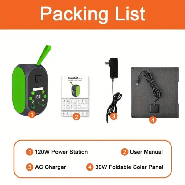 generatris soley Portab Power Station 120W, pik 200W delko sole ak 30W pliable panèl solè, 110V 31200mAh LiFePO4 UPS batri, AC/DC/USB/Type-C Ports, dirije limyè pou deyò kan, kay ijans sovgad, vwayaj, laptops elatriye. Kit sole - Image 6