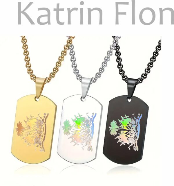 (3)Twa Kolye pandantif Katrin "Kombo" Flon logo Haiti en Or / Silver / Nwa an acier inoxydable, design simple et double, ou ka itilizel chak jour, Haitian Flag. BELOVE COLLECTION