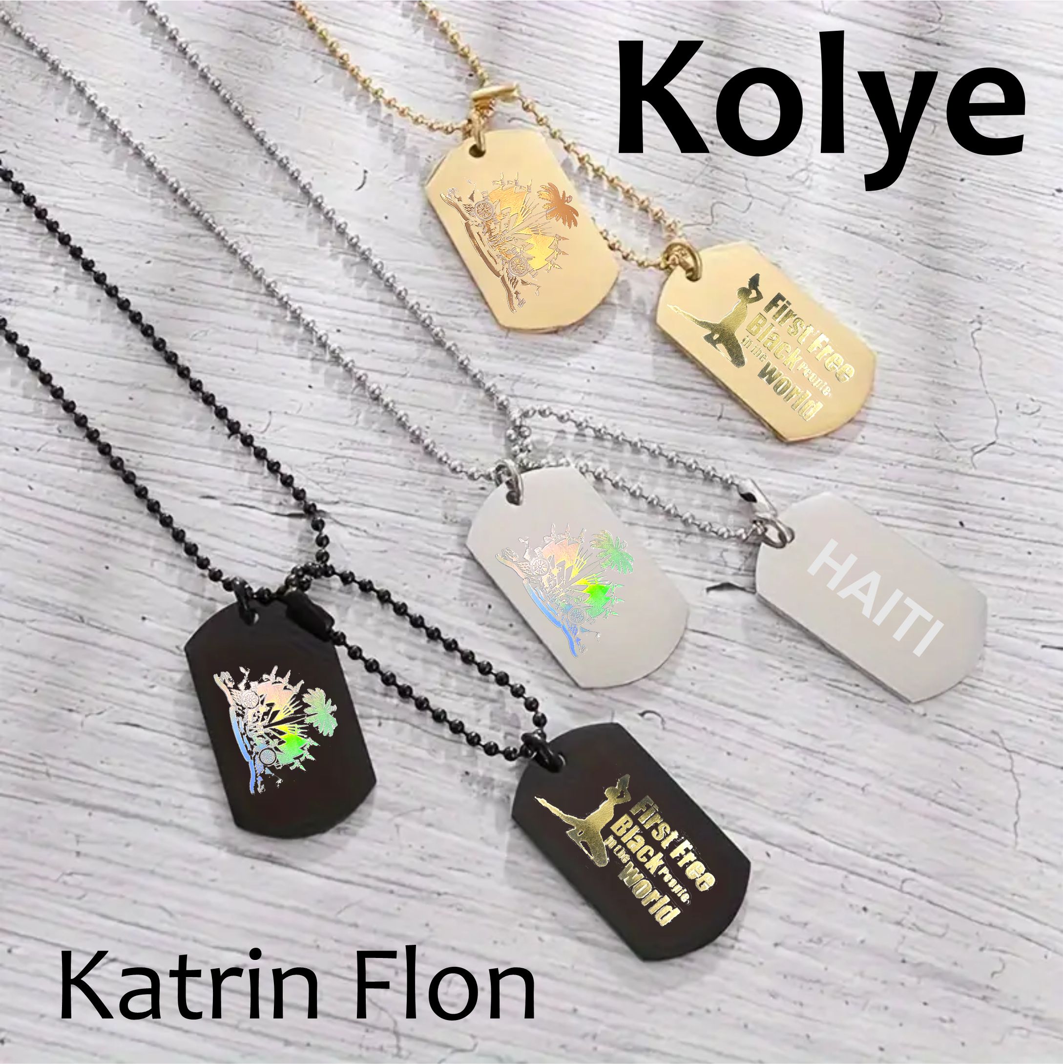 Kolye pandantif Katrin "Kombo Twa" Flon logo Haiti en Or / Silver / Nwa an acier inoxydable, design simple et double, ou ka itilizel chak jour, Haitian Flag