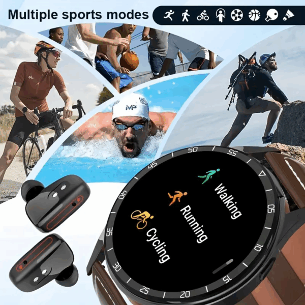 Mont intelijan Smartwatch ak kask, bwaslet en Kwi Samsung Built-in AI Noise Reduction Earplugs, With Message, Call Answering, Sleep Monitoring, Aktivite kontwole li kompatib ak IPhone/Android Phone, Smart Braslet, Gason / Fanm, kado fet Papa, anivese - Image 4
