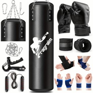 Bokse kit, apran voye kout pwen Sache Punching Set pou Sport granmoun Nwa , ak gan bokse 12OZ, vlope men, chenn pandye pou MMA Karate Kickboxing espo Art masyal Fòmasyon Gym pou lakay