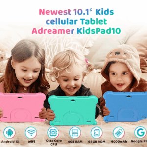 Tablet 10.1" Timoun ak Plas pou Kat SIM, Selilè+WiFi+GPS; Ekran HD 10.1", Tablèt Android 13, Octa Core 64GB, Kontwòl Paran, IWaWa pre-enstale, Kouvèti EVA, 6000mAh.