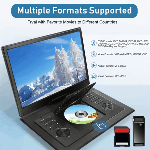17.9" Portable DVD Player with 15.6" Large HD Screen, 4-6 Hours Rechargeable Battery, Dual Speakers, Remote Control, Support Multiple Disc Formats Sync TV, USB/SD, Black - Image 2