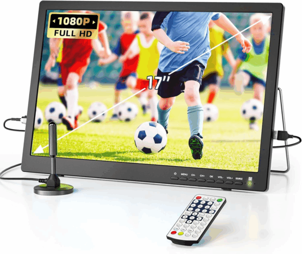17" Potab TV Rechajab ak ATSC Tuner, Doubl Speaker and HDMI/USB/RCA Port ak Battery rechajab television
