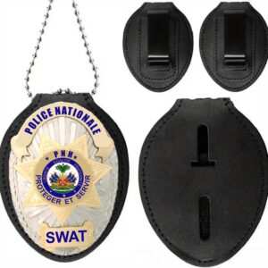 Badge Plak lapolis PNH Oval Badge + Holder. Ou ilegal siw pa lapolis ou paka komade Plak sa : Standard Leather Shield Case with, Hook, Plak, ak PIN trap konsepsyon estanda International “BeLove Collection”