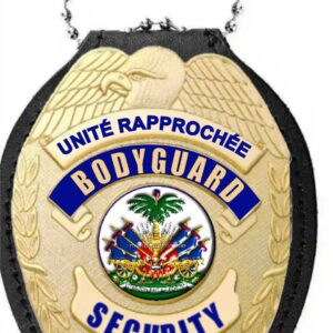 BODYGUARD "UNITE RAPROCHEE" Security Oval Badge + Holder: Standard Leather Shield Case with, Hook, Badj sekirite Rapwoche, Plak ak PIN trap konsepsyon estanda International "BeLove Collection"