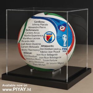 Kado Souvni Balon ki gen lis tout jwe ki pral reprensete Ayiti pou FIFA 2026. Se yon Sipò Pou Grenadye. Si Ayiti Ta pran Koup Mondyal 2026. Bwat ekspozisyon Acrylic klè, baz metal nwa