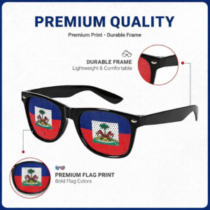 Linèt solèy ak drapo Ayiti. Linèt akseswa lejè pou evènman espòtif, fèt ak selebrasyon 18 Mai