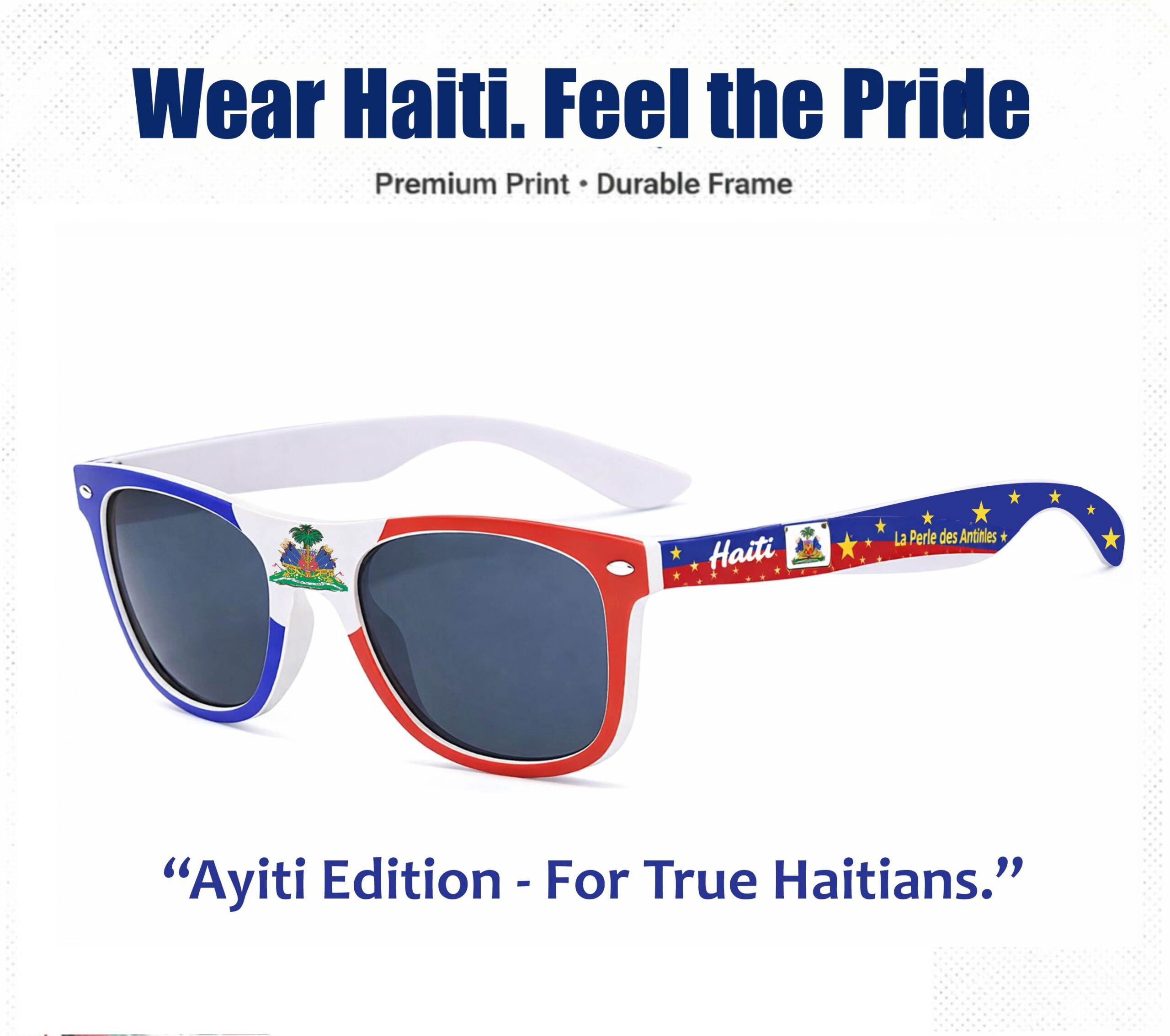 Pote Ayiti nan je'w se fyète w, mete l sou ou, se idantite'w. Ayiti pa sèlman nan kè w, li nan vizyon w. Pou evènman espòtif, fèt ak selebrasyon 18 Mai