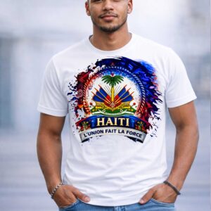 Modern Haitian Pride T-Shirt. Haiti Haiti Coat of Arms Graphic Tee. Stylish Ayiti Culture