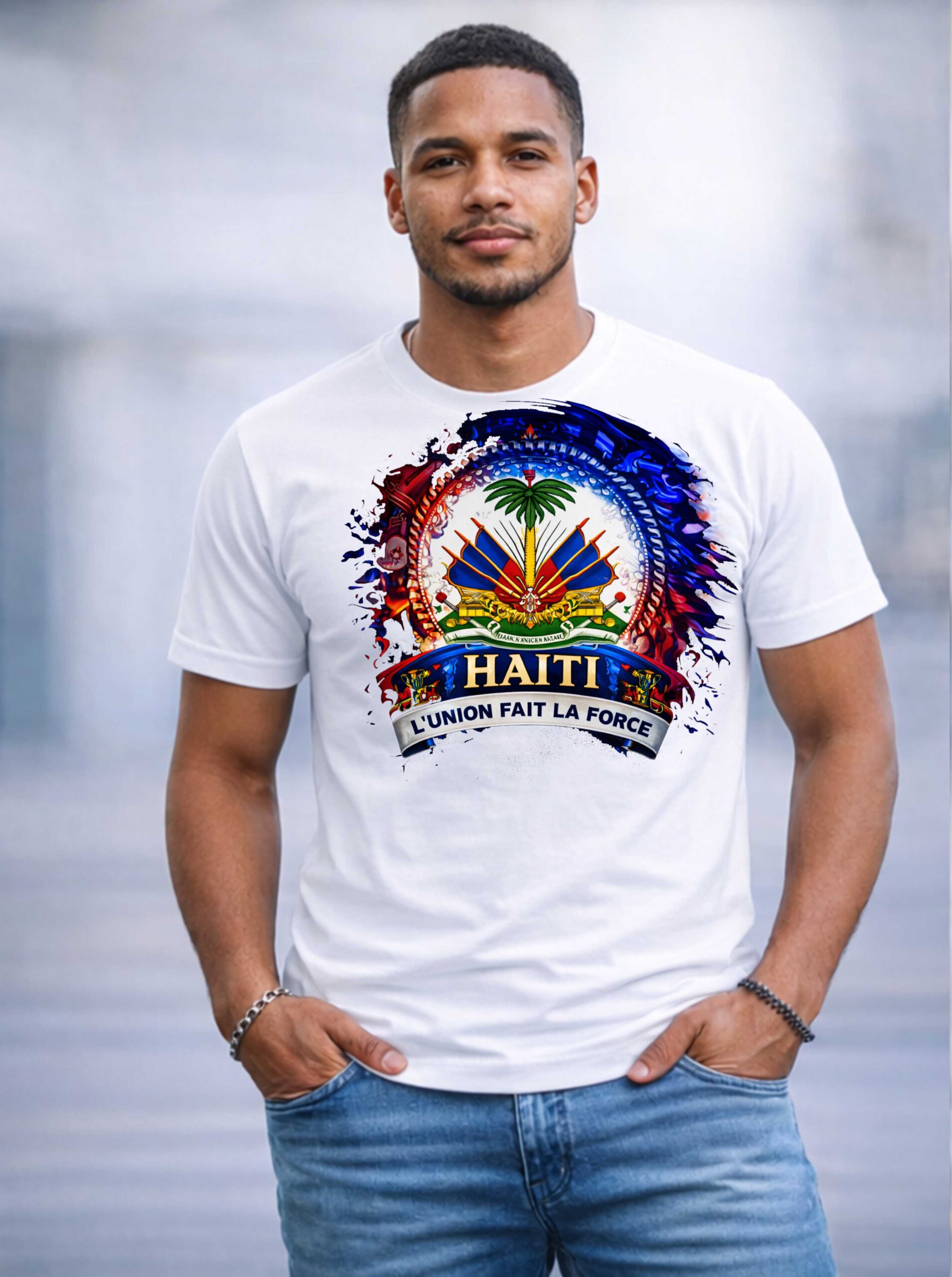 Modern Haitian Pride T-Shirt. Haiti Haiti Coat of Arms Graphic Tee. Stylish Ayiti Culture