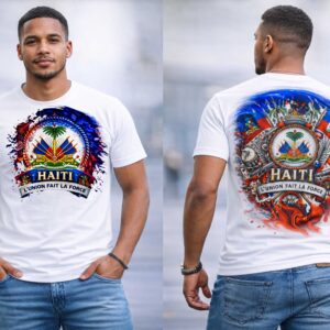 Modern Haitian Pride T-Shirt 🇭🇹. Haiti Haiti Coat of Arms Graphic Tee. Stylish Ayiti Culture - White
